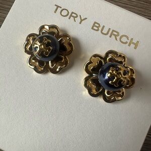 Tory Burch Gold and Navy Floral pierced Earrings